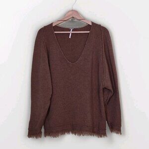Free People Sweater Women XS Brown LS Irresistible Fringe Trim Slouchy Wool Mix